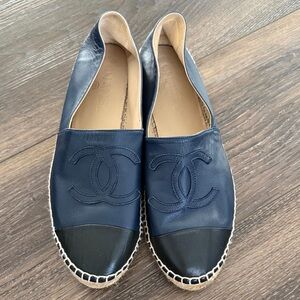 CHANEL Navy Leather Espadrilles with Black Cap Toe